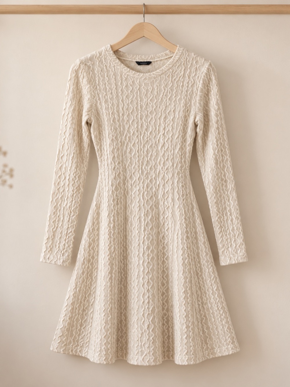 Cream Textured Long-Sleeve Sweater Dress